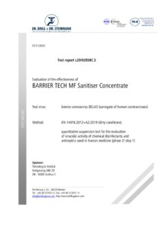 thumbnail of Teknologisk BARRIER TECH MF Sanitiser Concentrate L20-0285BC-5 BCoV test report EN 14476 dirty LVP Version 02 27.11.2020